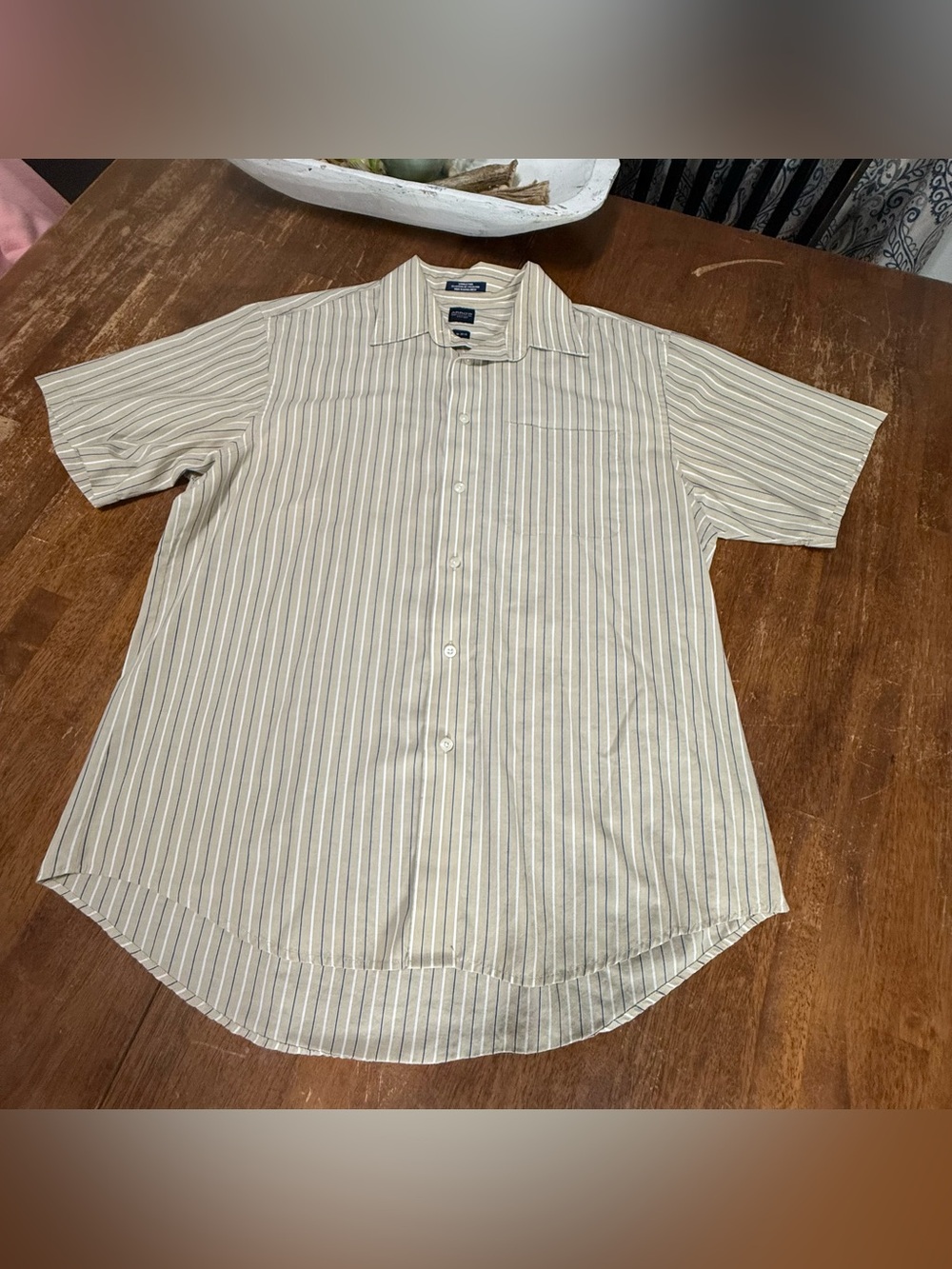 Arrow USA 1851 Men’s Large Short Sleeve Striped Button Down Shirt Tan Blue